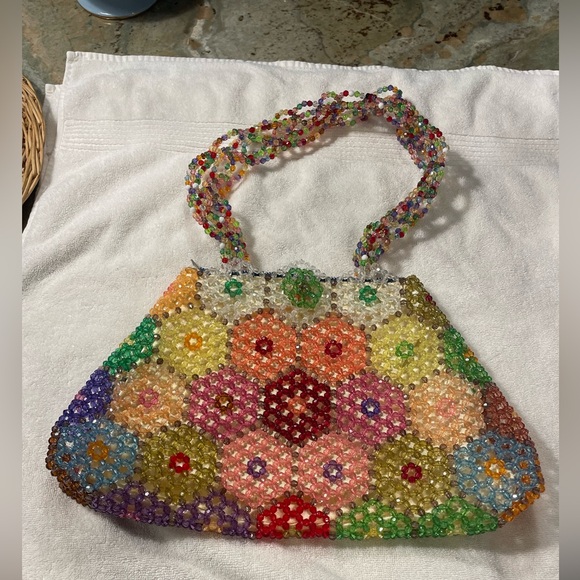 Vintage zip closed beaded shoulder bag in multicolor floral - Picture 2 of 5